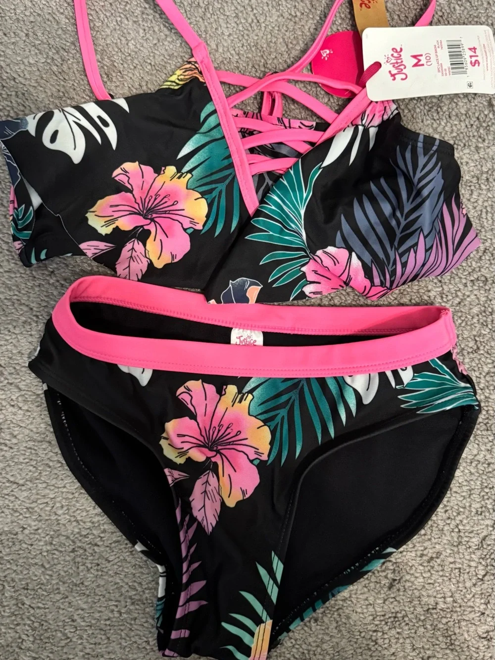 Justice Black Tropical Floral Bikini Set with Pink Trim
